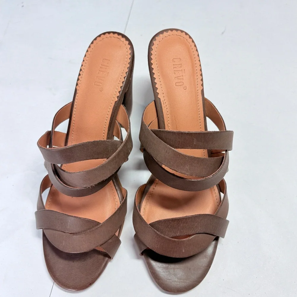 Crevo Leather Brown Strappy Block Heel Mule Sandals Size 8 Boho Coastal Vacation